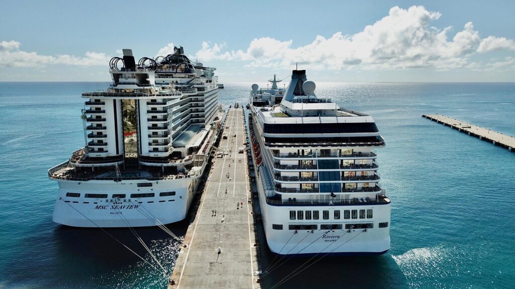 ship, cruise ship, cruise, boat, port, water, vacations, msc, sea view, caribbean, world travel, nature, map of the world, globe, whimsical, captain, pirates, drone, bird's eye view, aerial view, drone photography, travel, island